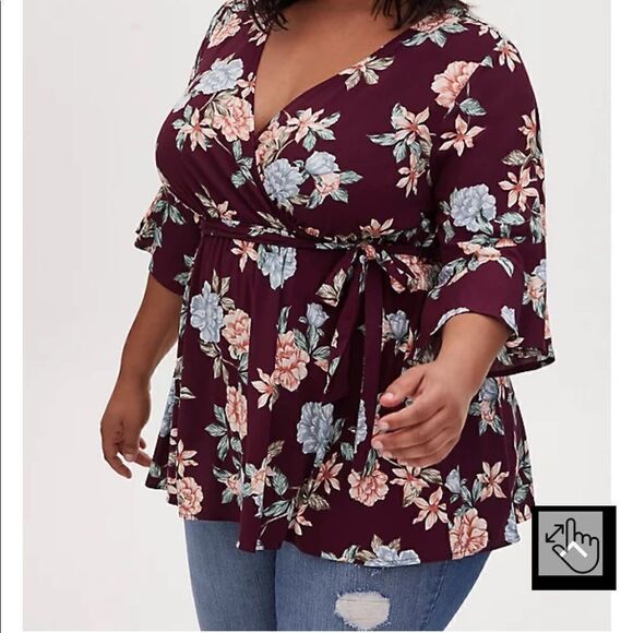 Torrid Challis wrap babydoll shirt/top/blouse sz 3 plus size 2-3xl black floral - Picture 1 of 4